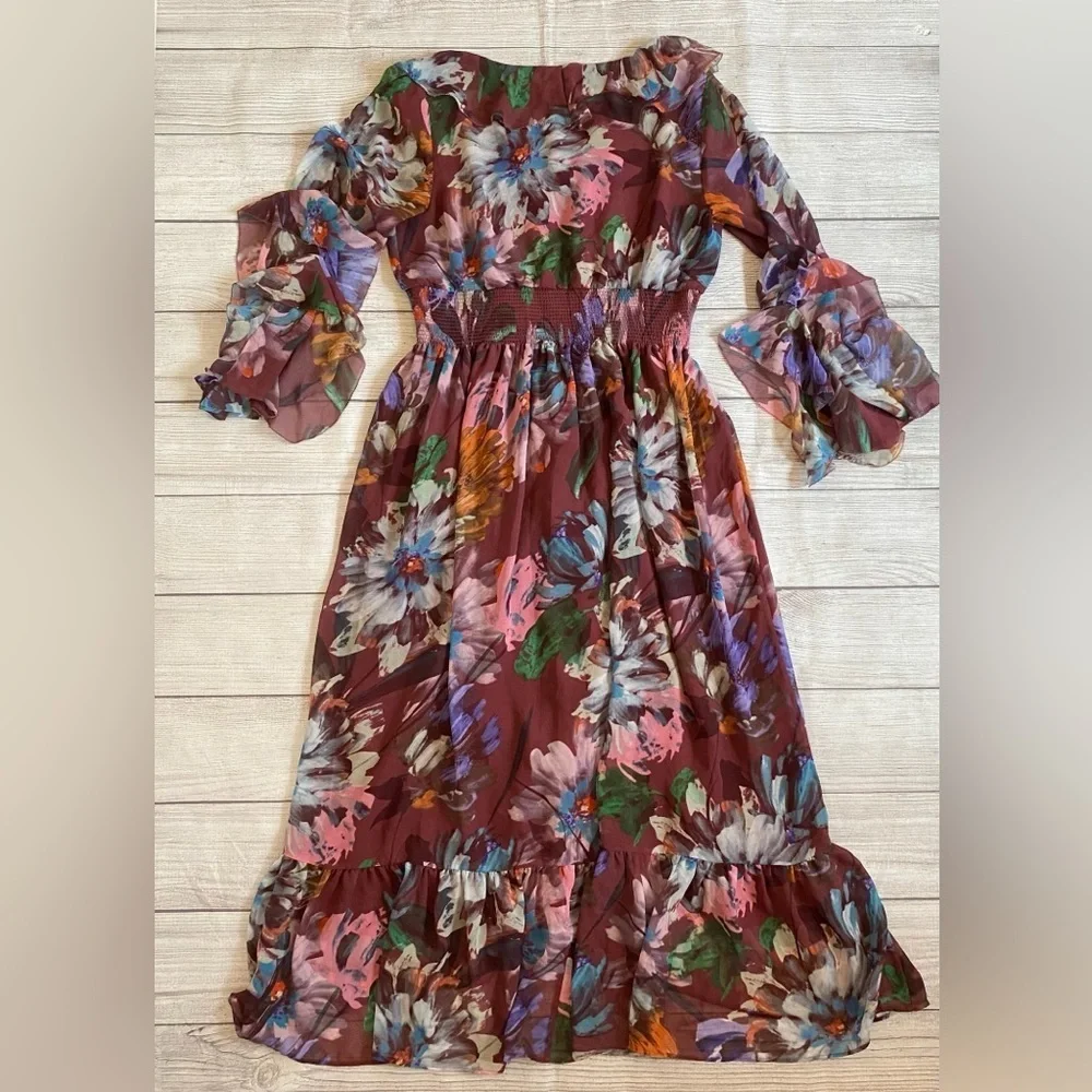 Soft Surroundings Fiore Rosa Merlot Floral Ruffled 3/4 Sleeve Tiered Maxi Dress - Picture 4 of 8